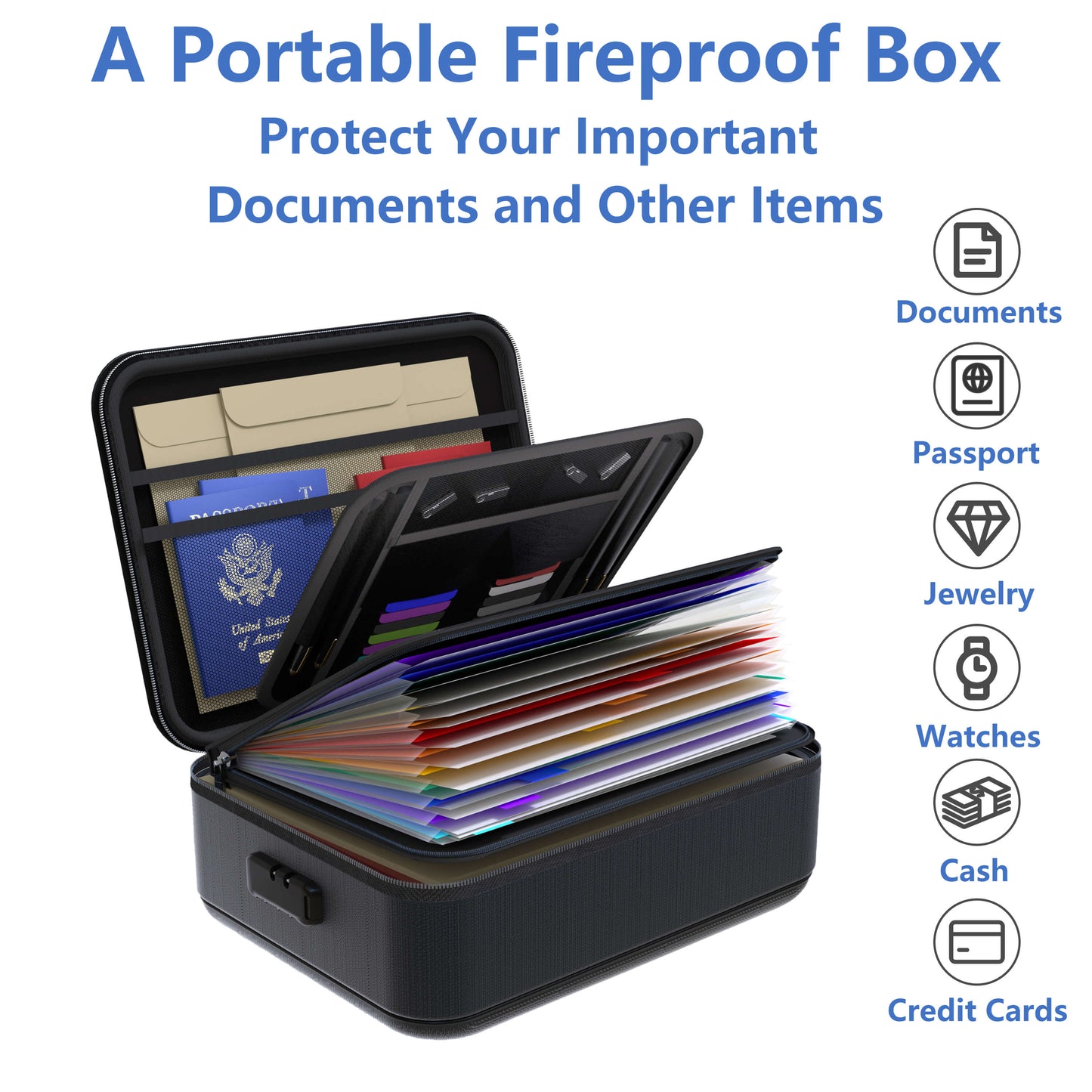 Fireproof-Waterproof Document Box With Water-Resistant Zipper Hard Case Fireproof File Box With Lock