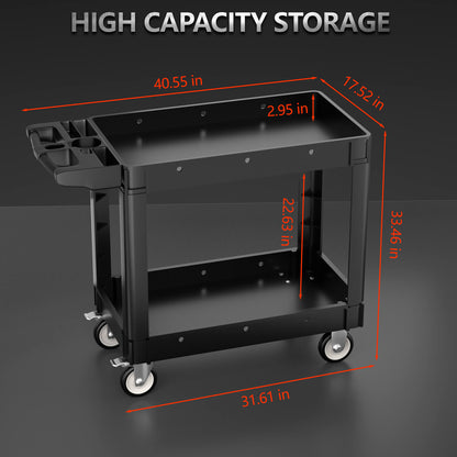 Tool Cart on Wheels, Rolling Utility Cart, 2 Tier 550LBS Heavy Duty Cart with Wheels, Service Cart with Ergonomic Storage Handle, Great for Garage, Warehouse, Workshop, Office, Cleaning