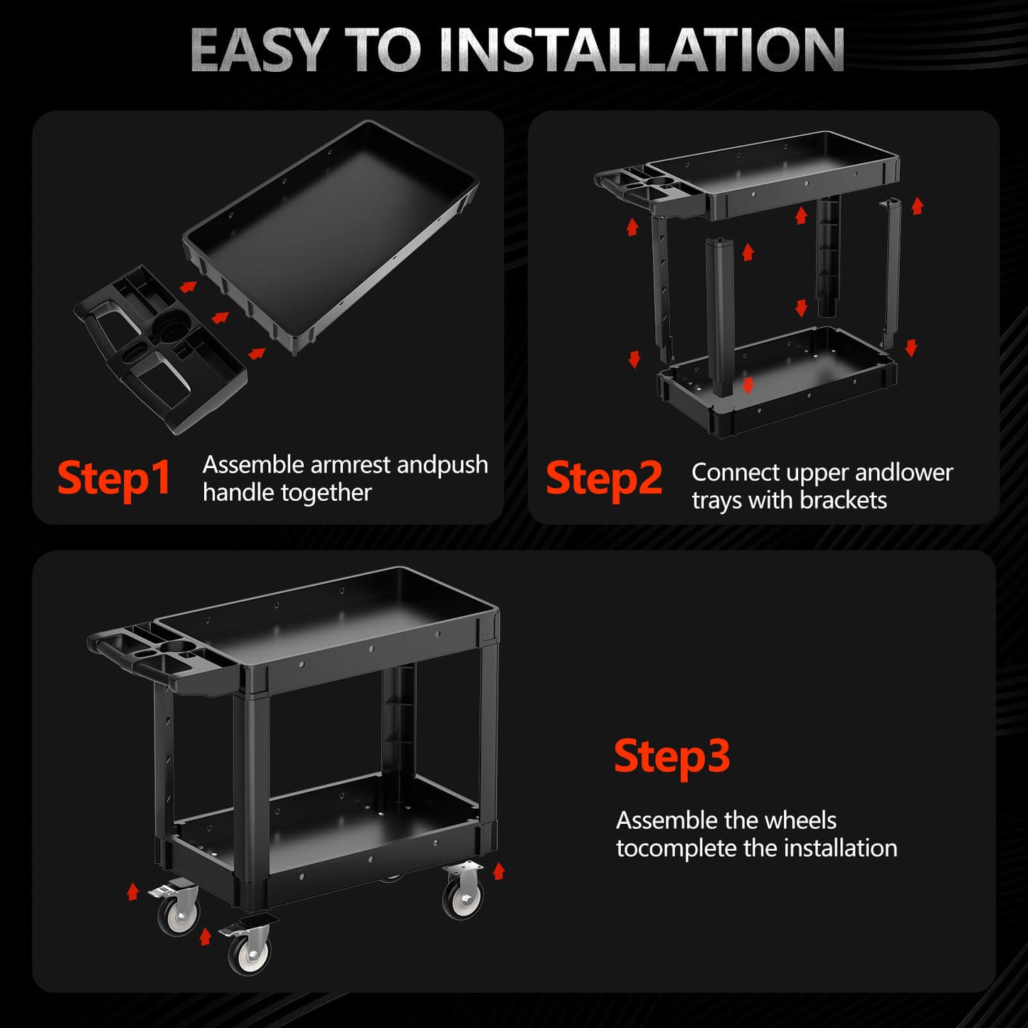 Tool Cart on Wheels, Rolling Utility Cart, 2 Tier 550LBS Heavy Duty Cart with Wheels, Service Cart with Ergonomic Storage Handle, Great for Garage, Warehouse, Workshop, Office, Cleaning